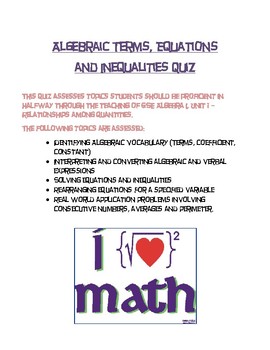 Preview of Algebraic Terms, Equations and Inequalities Assessment