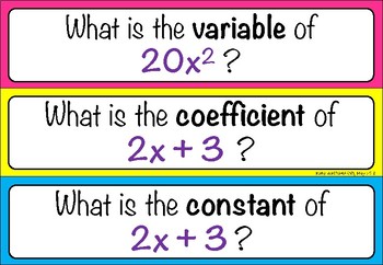 Preview of Algebraic Terms Warm Up cards