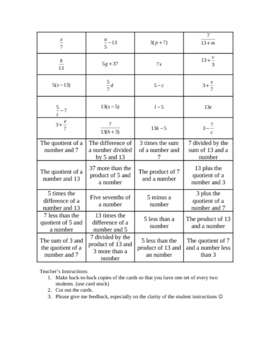 Preview of Algebraic and Verbal Expressions Matching Game