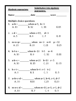 Preview of Algebraic expressions Substitution into algebraic expressions. simple mcqs 1.1