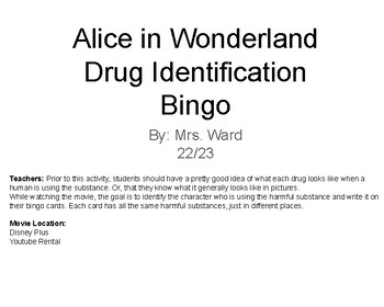 Preview of Alice In Wonderland (Drug Identification Bingo)