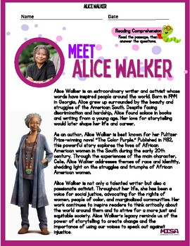 Preview of Alice Walker, Literary Genius Reading Comprehension and Activities