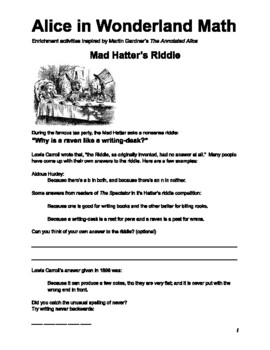 Preview of Alice in Wonderland Math Club Activity Packet - Upper Elementary / Middle School