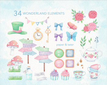 Alice in Wonderland Tea Party Watercolor Clipart (Instant Download