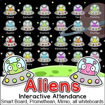 Preview of Space Aliens Theme SMARTboard Attendance & Lunch Count