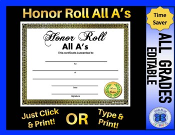 Preview of All A's Honor Roll Certificate Gold Foil Border - All Grades - Editable