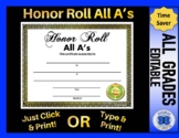 All A's Honor Roll Certificate Gold Foil Border - All Grad