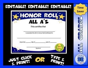 Preview of All A's Honor Roll Certificate Gold Stars - Editable