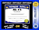 All A's Honor Roll Certificate Gold Stars - Editable