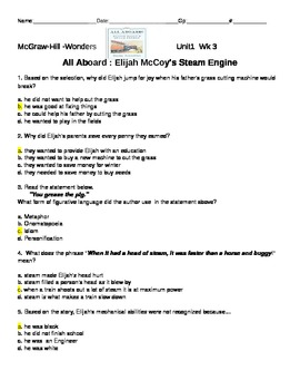 All Aboard! Elijah McCoy's Steam Engine Comprehension Questions--Wonders  Reading