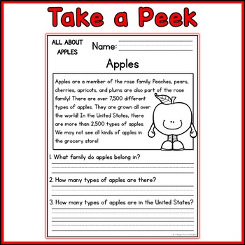 All About Apples Reading Comprehension Passages and Questions Fall Autumn