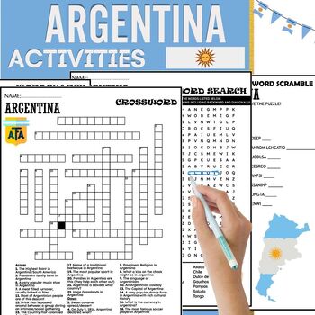Preview of All About Argentina ACTIVITIES,Word Scramble,Crossword & Wordsearch