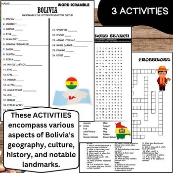 All About BOLIVIA ACTIVITIES Word Scramble Crossword Wordsearch by