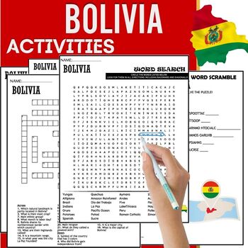 Preview of All About BOLIVIA ACTIVITIES,Word Scramble,Crossword & Wordsearch