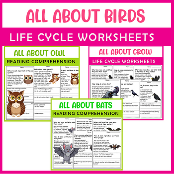 Preview of All About Birds, Crow,Bat,Owl,Parrot|BIG BUNDLE | Science Reading Comprehensions
