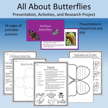 Preview of All About Butterflies- Presentation, Activities, and Research Project