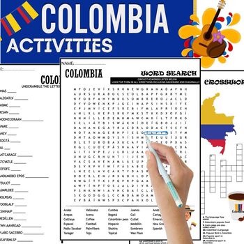 Preview of All About COLOMBIA ACTIVITIES,Word Scramble,Crossword & Wordsearch