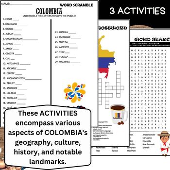 All About COLOMBIA ACTIVITIES Word Scramble Crossword Wordsearch by