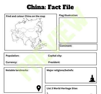Preview of All About China Country Fact File Research Activity Task for Secondary