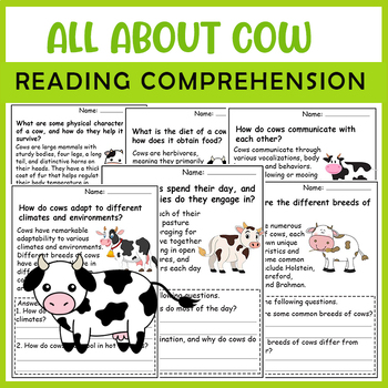 Preview of All About Cows| Cows life cycle worksheets | Science Reading Comprehensions