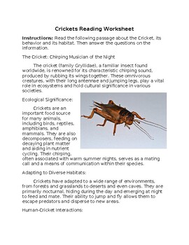 All About Crickets Reading Worksheet w/Answer Key **Editable** TPT