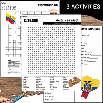 All About Ecuador ACTIVITIES Word Scramble Crossword Wordsearch by
