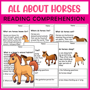 Preview of All About Horses| Horses life cycle worksheets | Science Reading Comprehensions