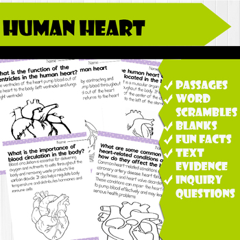 Preview of All About Human Heart | Science Reading Comprehensions, and Worksheets