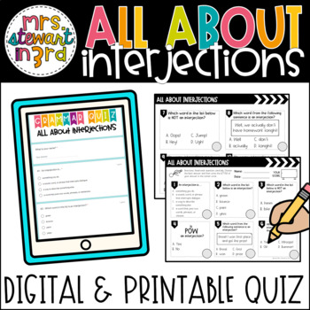 Preview of All About Interjections Grammar Google Forms™ Quiz (self-grading!) + printable