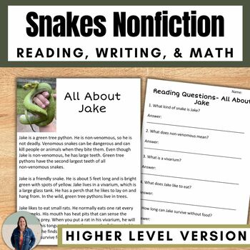 Preview of Pets Nonfiction Reading Comprehension Passage and Activities about Snakes
