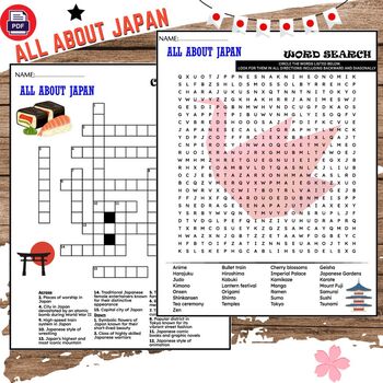 Preview of All About Japan Fun Worksheets - Word Search And Crossword