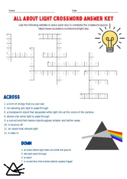 All About Light Crossword Puzzle with Answer Key by Stokes Scholars