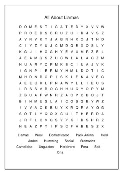 All About Llamas Crossword Puzzle and Word Search Bell Ringer TPT