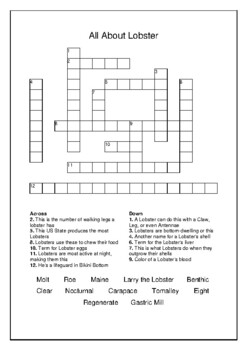 All About Lobster Crossword Puzzle and Word Search Bell Ringer