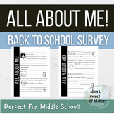 All About ME! Back to School Survey for Middle School (Print&Distance Learning!)