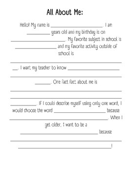 All About Me Activity by Grace Hildebrand | TPT