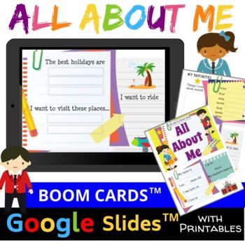 Preview of All About Me Back to School - GOOGLE Slides PRINTABLE Worksheet with BOOM CARDS