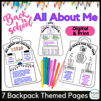 Preview of Back to School Activity All About Me Backpack Includes My Culture