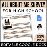 All About Me EDITABLE Google Docs Survey | High School | F