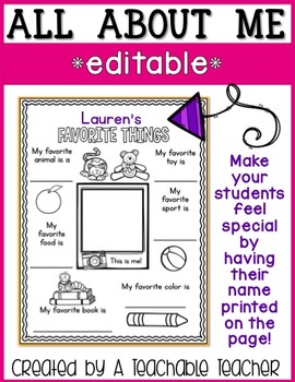 All About Me - Editable by A Teachable Teacher | TpT