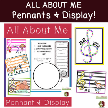 Preview of All About Me - Elementary Music Class -Music Note Pennants and Complete Display!