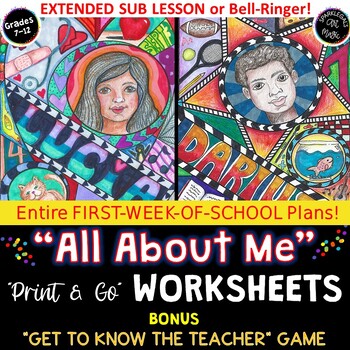 Preview of "All About Me" First-Week-of-Art Marker Colored Pencil Drawing- 6 Worksheets