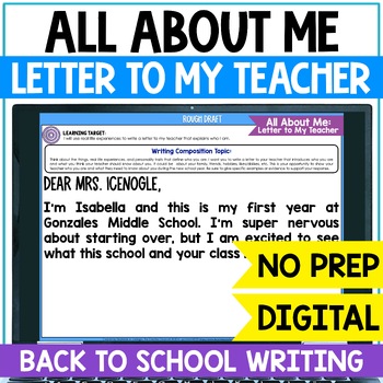 Preview of Letter to My Teacher Back to School Activity - All About Me Digital Writing
