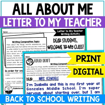 Preview of All About Me - Letter to Teacher - Back to School Activity - Writing Activity