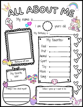 All About Me Printable Activity Getting to Know You-Unicorn Theme Back ...