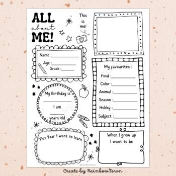 All About Me Poster Back To School First Week Activities by RainbowTown