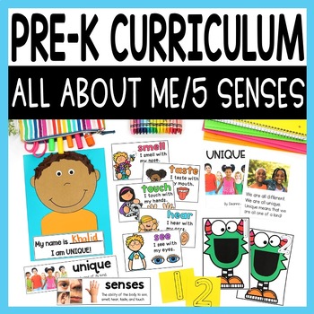 Preview of All About Me PreK, 5 Senses Unit with Worksheet, First Week of Preschool or PreK