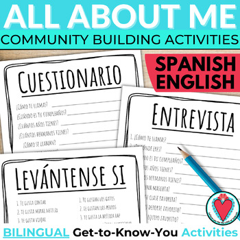 Preview of All About Me Spanish English Worksheets - Spanish 1 Review - Spanish Questions