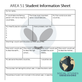 Preview of All About Me Student Information Sheet AREA 51 Themed