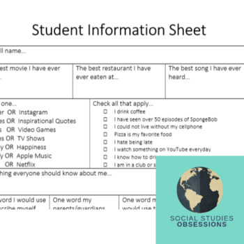 Preview of All About Me Student Information Sheet for High School and Middle School